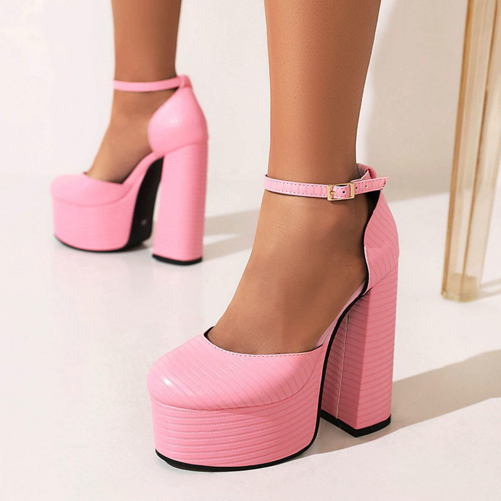Talons Hauts Escarpins Plateforme Fermés Bout Rond Femmes Chaussures Soirée Talon Épais Bride Cheville 14,5cm,Pink-41