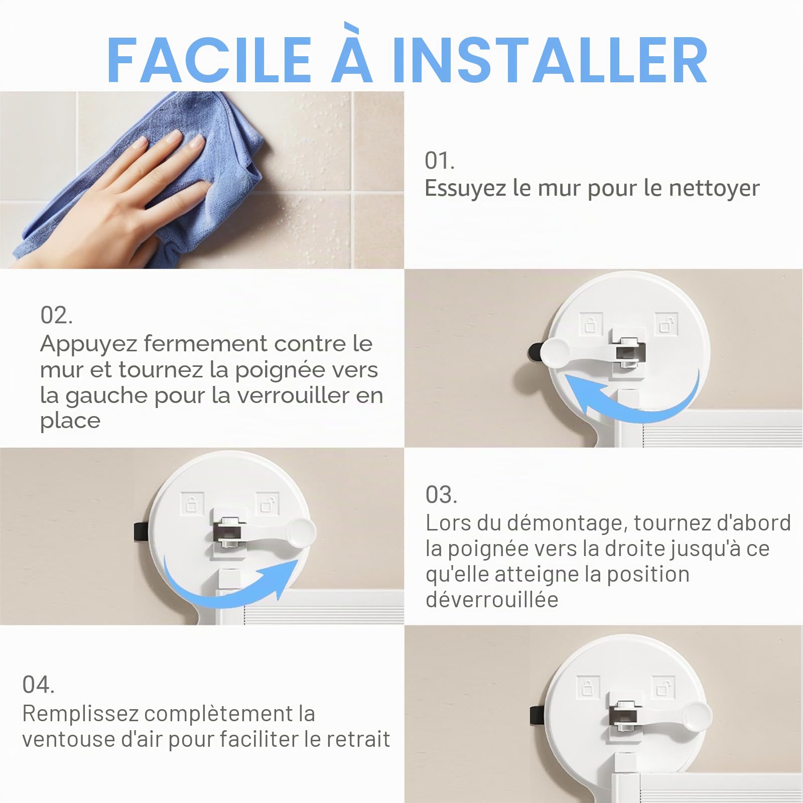 Tringle à rideau de douche pliable à 3 voies de 104 cm pour salle de bain sans perçage - Ventouse puissante - Angle réglable - Séchoir à linge rétractable