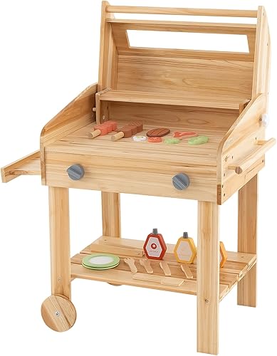 Miniatura 9 de HONEY JOY Cocina de barro, juego de parrilla de madera de abeto para niños al aire libre, juego de comida y herramientas de parrilla, bandeja