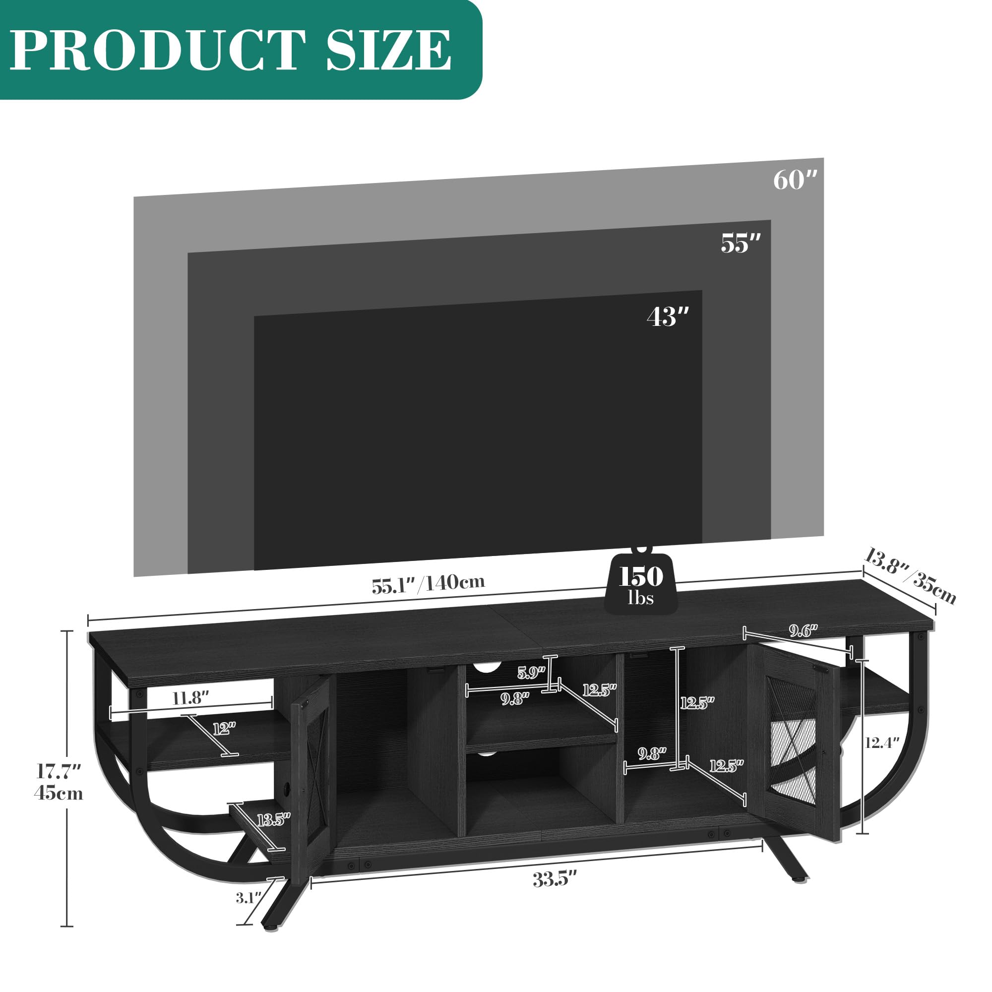 YITAHOME Industrial Mueble de TV, Mesa de TV de hasta 65 Pulgadas, 160 cm Mueble TV Salon con LED, Estantes Abiertos Centro de Entretenimiento Alto para Salón, Dormitorio, Negro