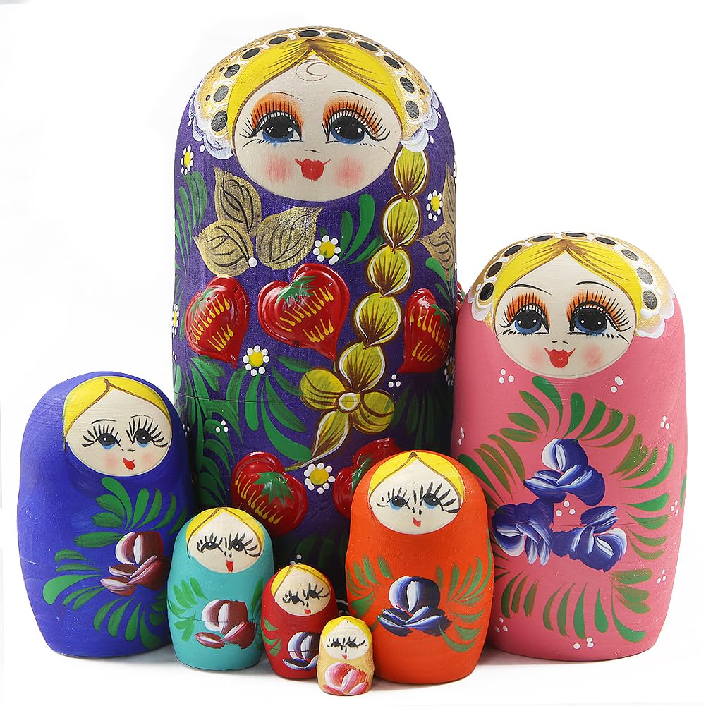 Set of 7 Pcs Traditional Russian Matryoshka Dolls Girl with Flower Nesting Dolls Long Pigtail Girl with Strawberry Handmade Wooden Dolls for Birthday Christmas Kid Stacking Toy Gift Home Decor