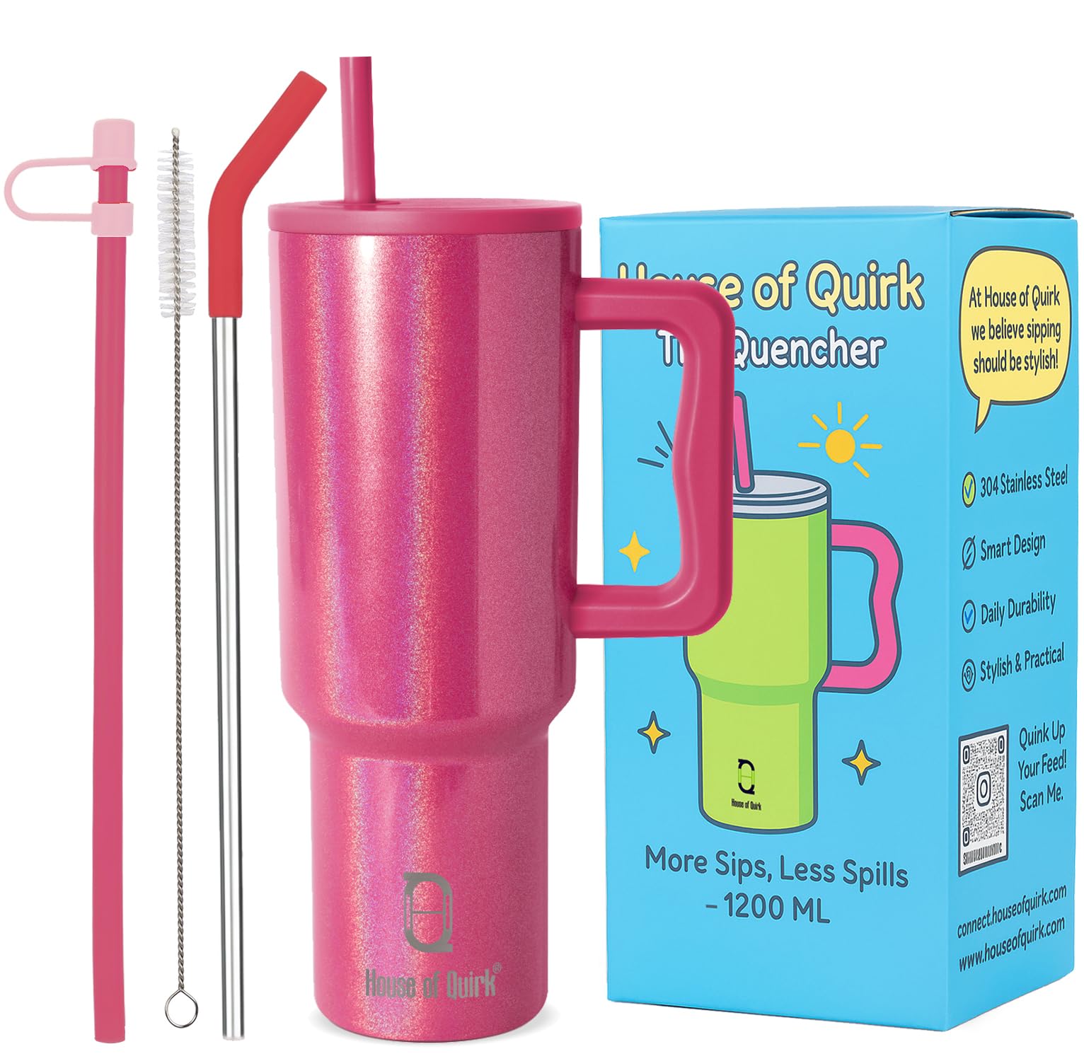 House of Quirk 1200ML Stainless Steel Tumbler with Handle & Lid, 2 Straws – Large Travel Mug Water Cup for Gym, Office & Outdoor Use (Shiny Rose)