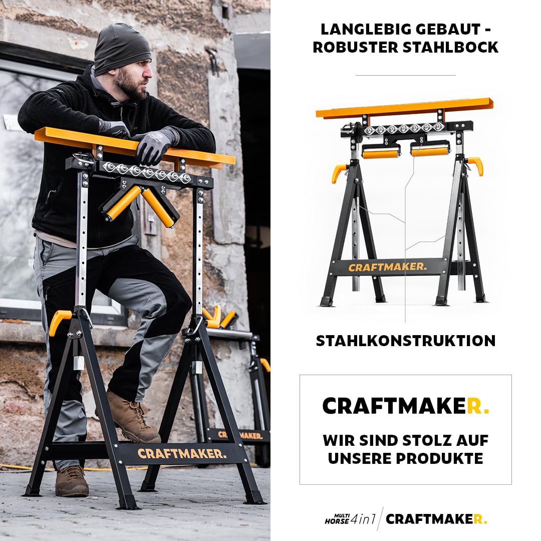 CRAFTMAKER 2er-Set 4-in-1 Multifunktionale Klappbare Sägeböcke - Höhenverstellbare Stahl-Arbeitsböcke mit Schnellklapp-Mechanismus & Stabiler Unterstützung für Werkstattprojekte