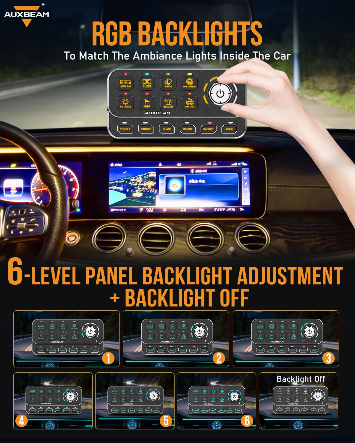 Auxbeam KS-80 8 Gang Switch Panel with Rotary Knob, Universal RGB Backlit Control Panel with 4 Triggers & 4 Modes Toggle/Momentary/Pulse/SOS, Chase Light & Dimming Relay for Truck Boat Marine Off-Road