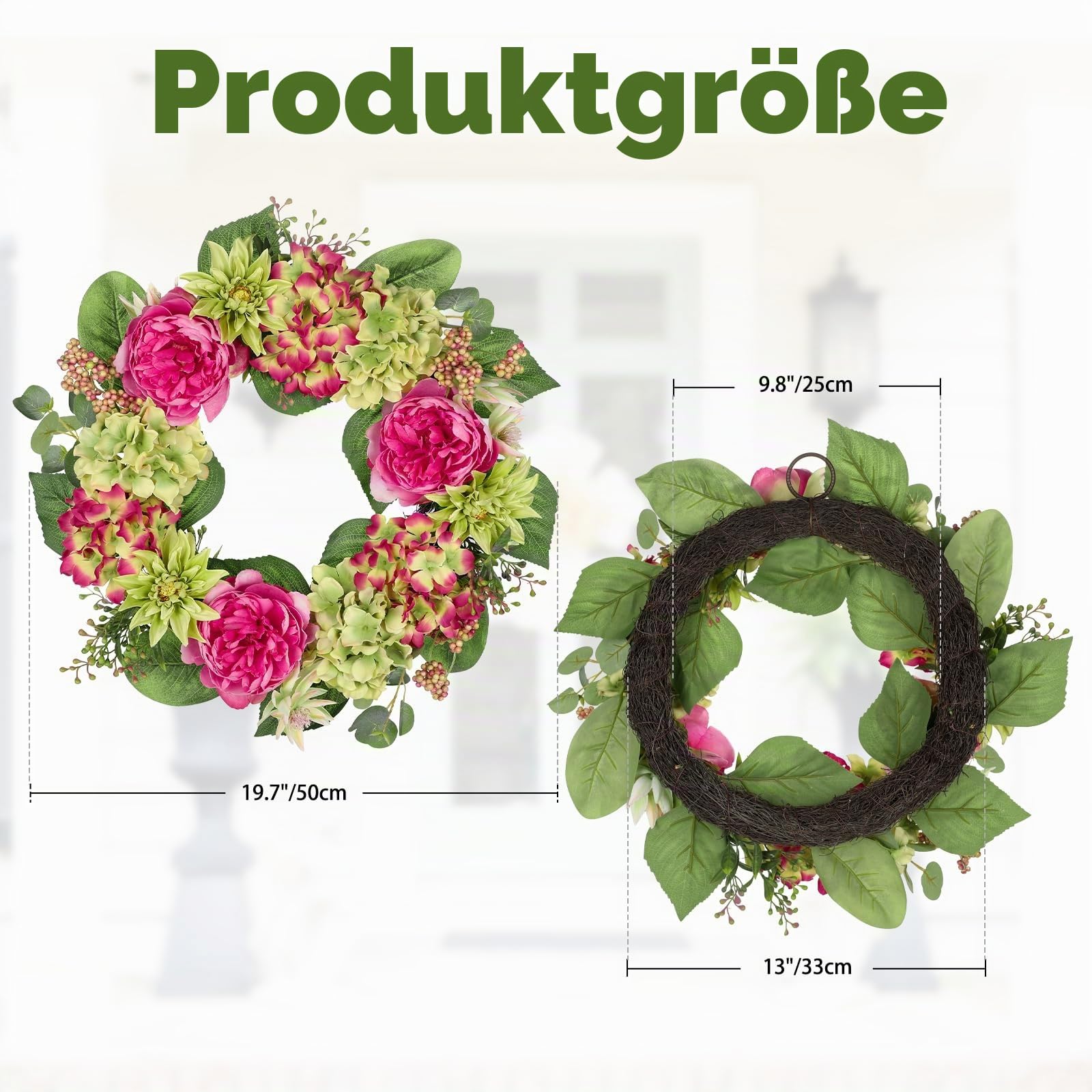 Kranz Künstlich 50 cm Blumenkranz Künstliche Pfingstrosen Hortensie Kunstblumen Hängend Türkranz Sommer Türdeko Haustür Wand Deko im Wohnzimmer Schlafzimmer Esszimmer Badezimmer Küche Büro