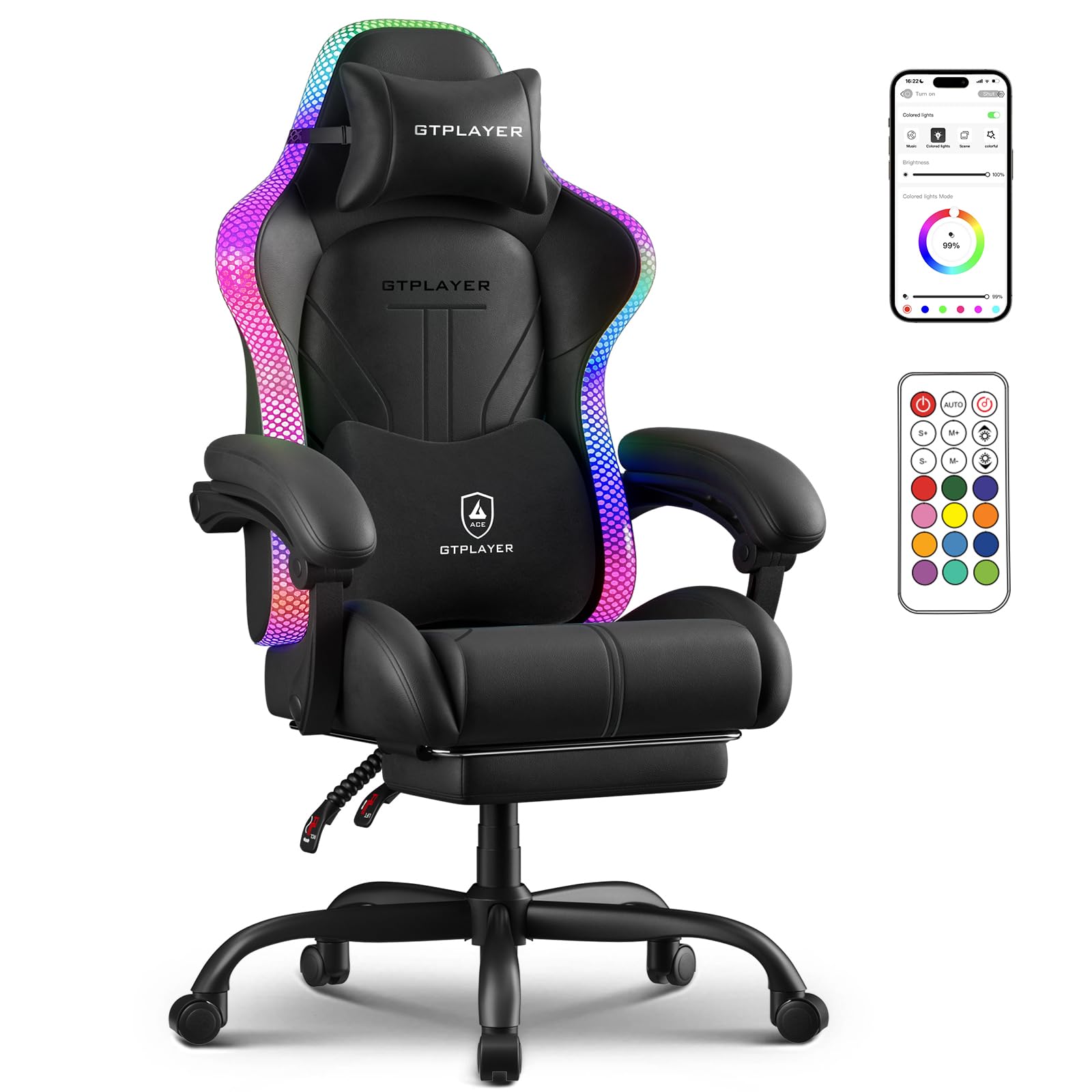 GTPLAYER Gaming Chair Computer Chair with RGB LED Lights High Back Ergonomic Chair for Adults with Footrest Reclining