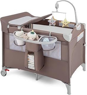 BABY JOY 5-in-1 Pack and Play, Portable Baby Bedside Sleeper with Bassinet, U-Shaped Diaper Changer, Safety Strap, Side Zipper Entrance, Bedside Crib Playard from Newborn to Toddlers (Coffee)