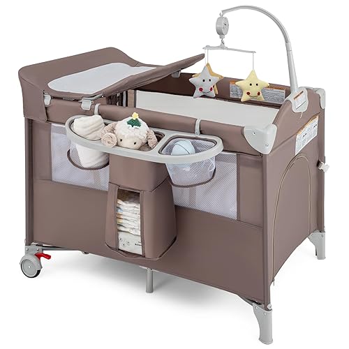 Miniatura 11 de BABY JOY Pack and Play 5 en 1, Cuna Portátil para Bebé al Lado de la Cama con Moisés, Cambiador de Pañales en Forma de U, Correa de Seguridad, Beige
