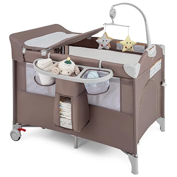 BABY JOY 5-in-1 Pack and Play, Portable Baby Bedside Sleeper with Bassinet, U-Shaped Diaper Changer, Safety Strap, Side Zipper Entrance, Foldable Bedside Crib Playard for Newborn to Toddlers Coffee