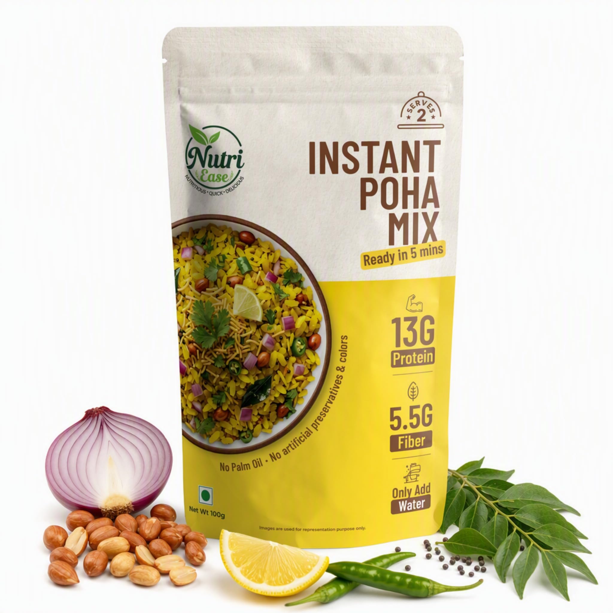 Nutriease 13g Protein Instant Poha Mix Ready to Cook | & 5.5g Fiber | No Preservatives | Just Add Water | 5 Minute Meal | Homemade Style Poha Meal | Travel Friendly Food | 100g-image-2