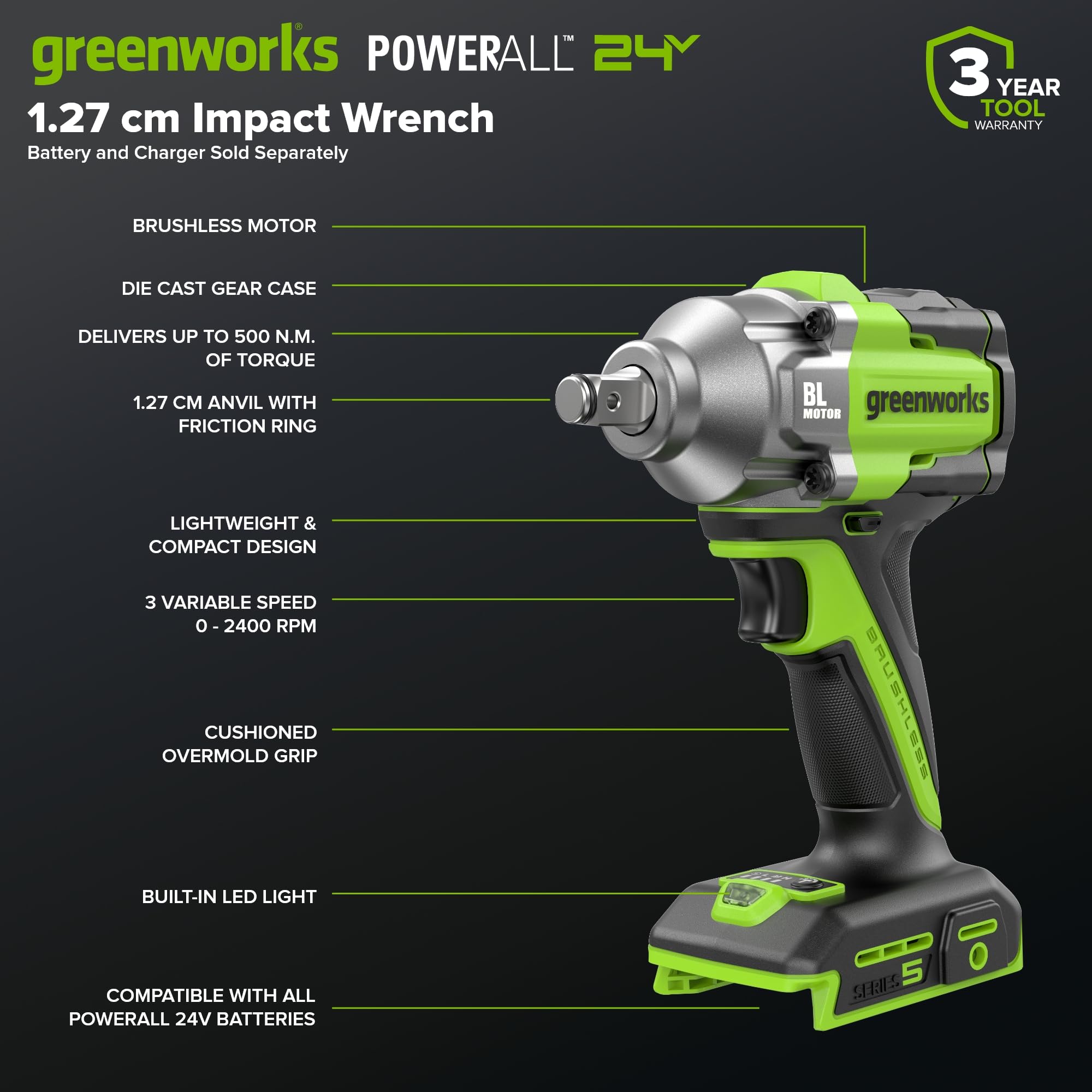 Greenworks Bezprzewodowa wkrętarka udarowa 24 V bezszczotkowa 500 Nm USB-C bez baterii i ładowarki IW5500