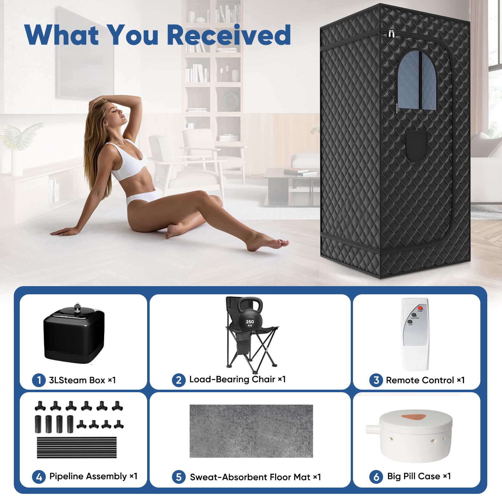 Sauna Portatile Pieghevole 1000W 90x90x180cm con Sedia Telecomando