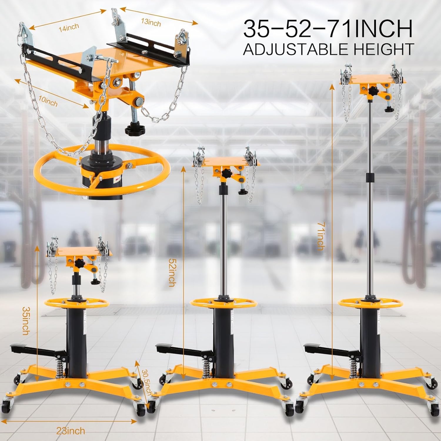 Transmission Jack Heavy Duty Professional Hydraulic High Lift 2 Stage Adjustable Telescoping 1/2Ton Capacity Transmission Jack Adapter for Floor Jack Car Lift (Canary Yellow)