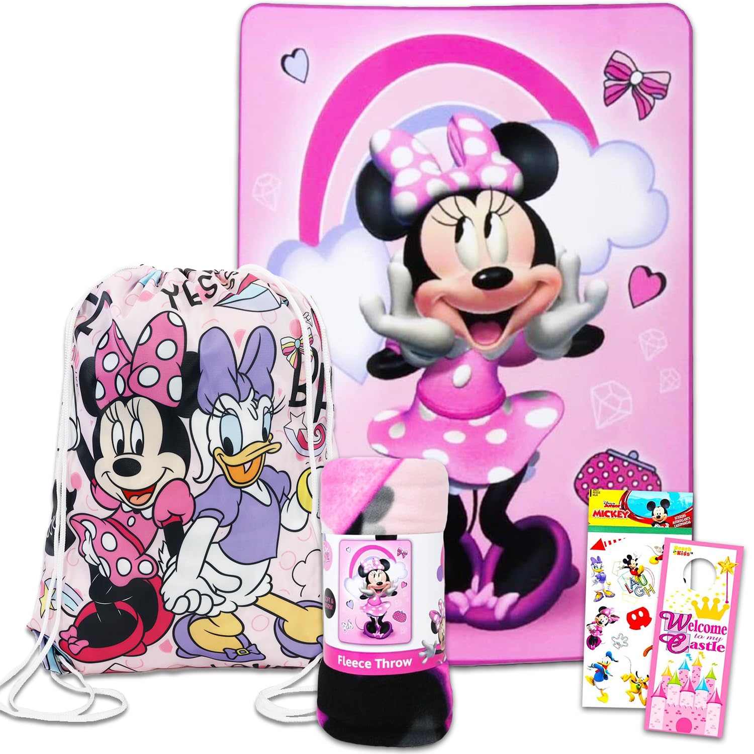 Disney Minnie Mouse Fleece Blanket Sleepover Set for Girls - Bundle with 45x60 Inch Minnie Throw Blanket, Drawstring Bag, Stickers and More (Minnie Mouse Room Decor)