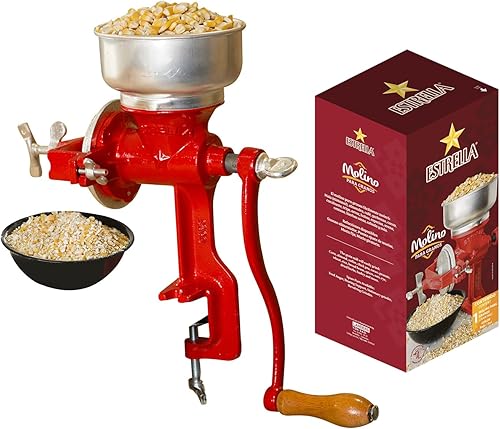 Estrella - Molinillo manual de hierro fundido con manivela de grano de maíz de 14 pulgadas de alto y tolva de 5 pulgadas