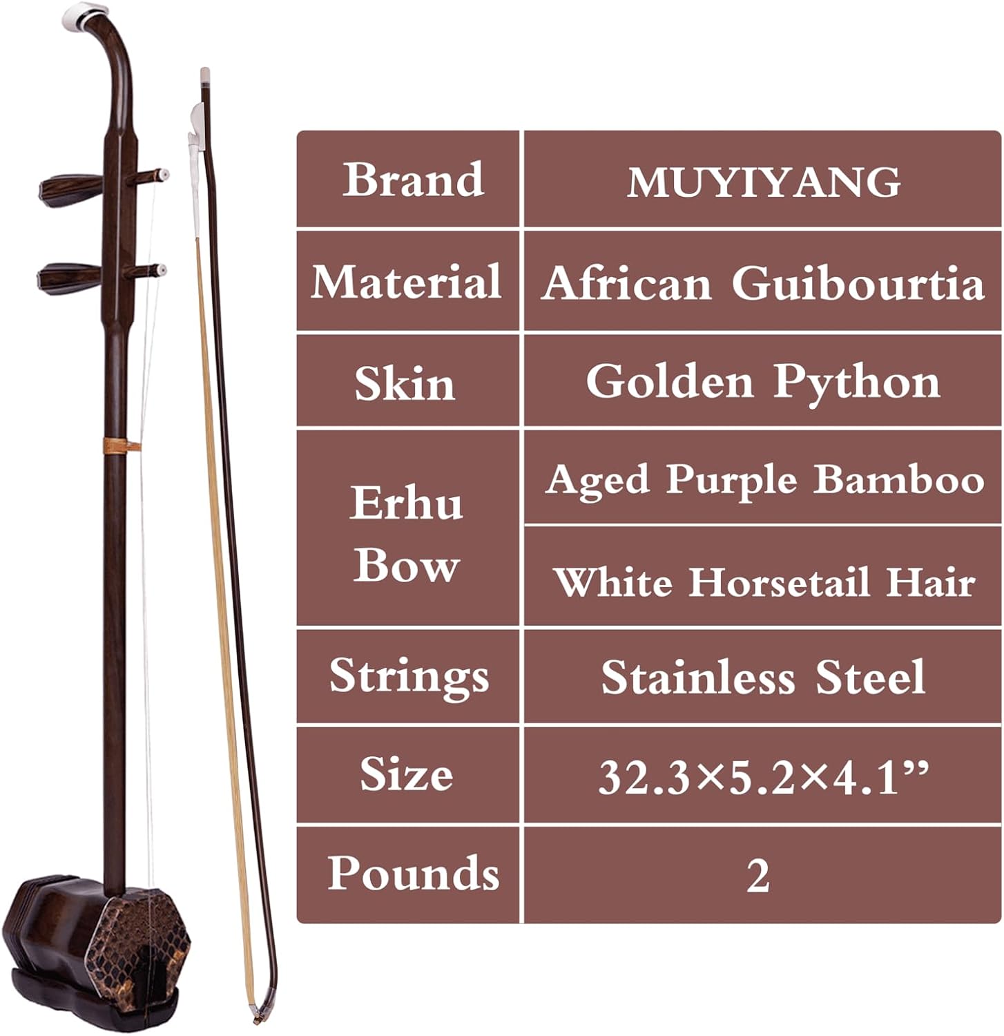 African Guibourtia Erhu-2-string Violin Fiddle Musical Instrument with Book,DVD,Bow,Case&Accessories丨15Pcs Set