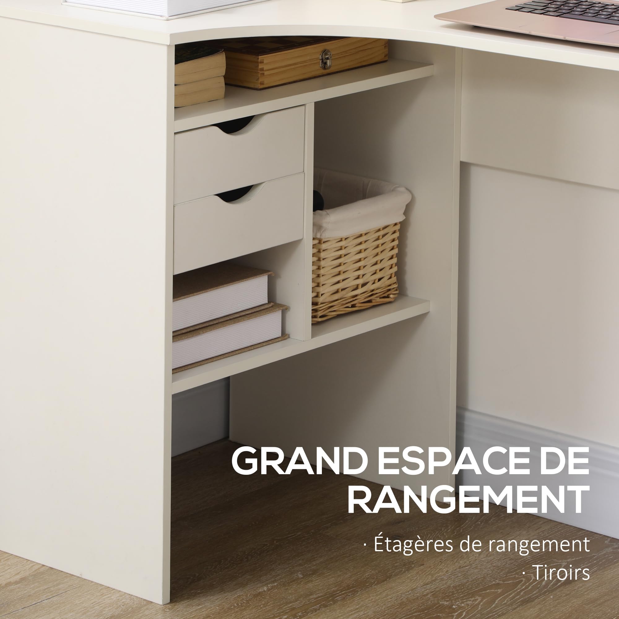 HOMCOM Scrivania angolare con 2 cassetti, 120 x 60 cm, Scrivania a L con 3 scomparti aperti, Tavolo per computer per studiare, lavoro, camera, casa, bianco
