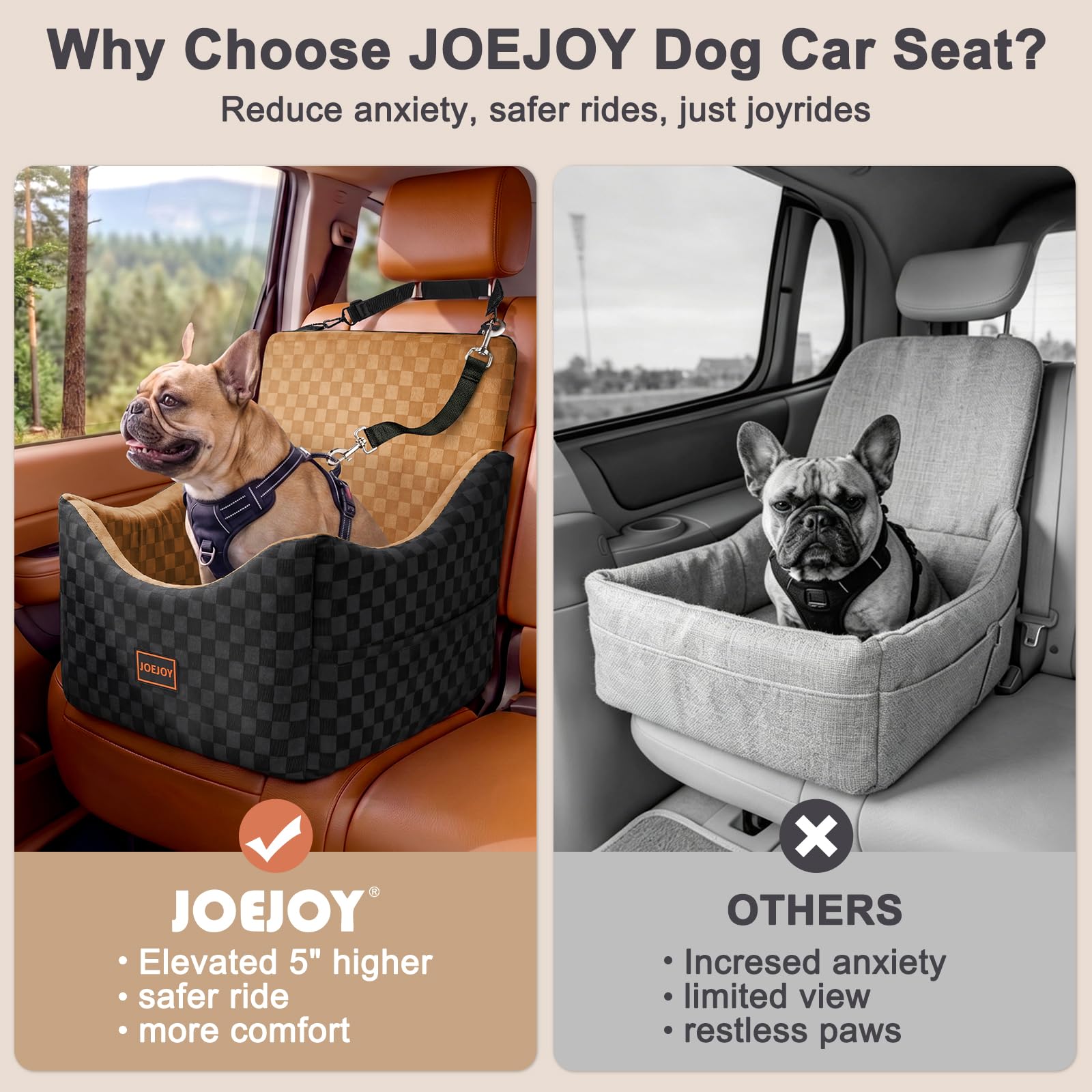 JOEJOY Erhöhter Hundeautositz für kleine/mittelgroße Hunde bis zu 15,9 kg, Memory-Schaum, Haustier-Sitzerhöhung mit abnehmbarem, waschbarem Bezug, tragbares, reisesicheres Bett für Autos mit