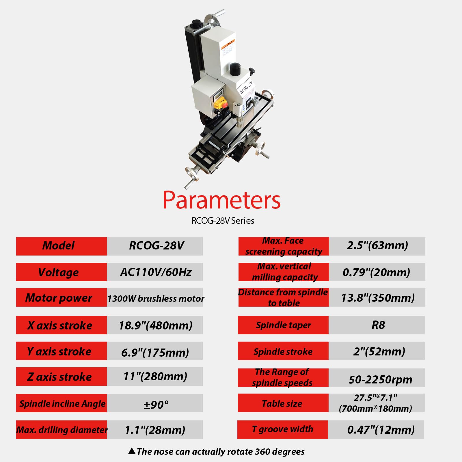 WYDDDARY 1300W Mini Precision Variable Speed Drilling and Milling Machine with Brushless Motor and R8 Taper Drilling Capacity up to 1.1