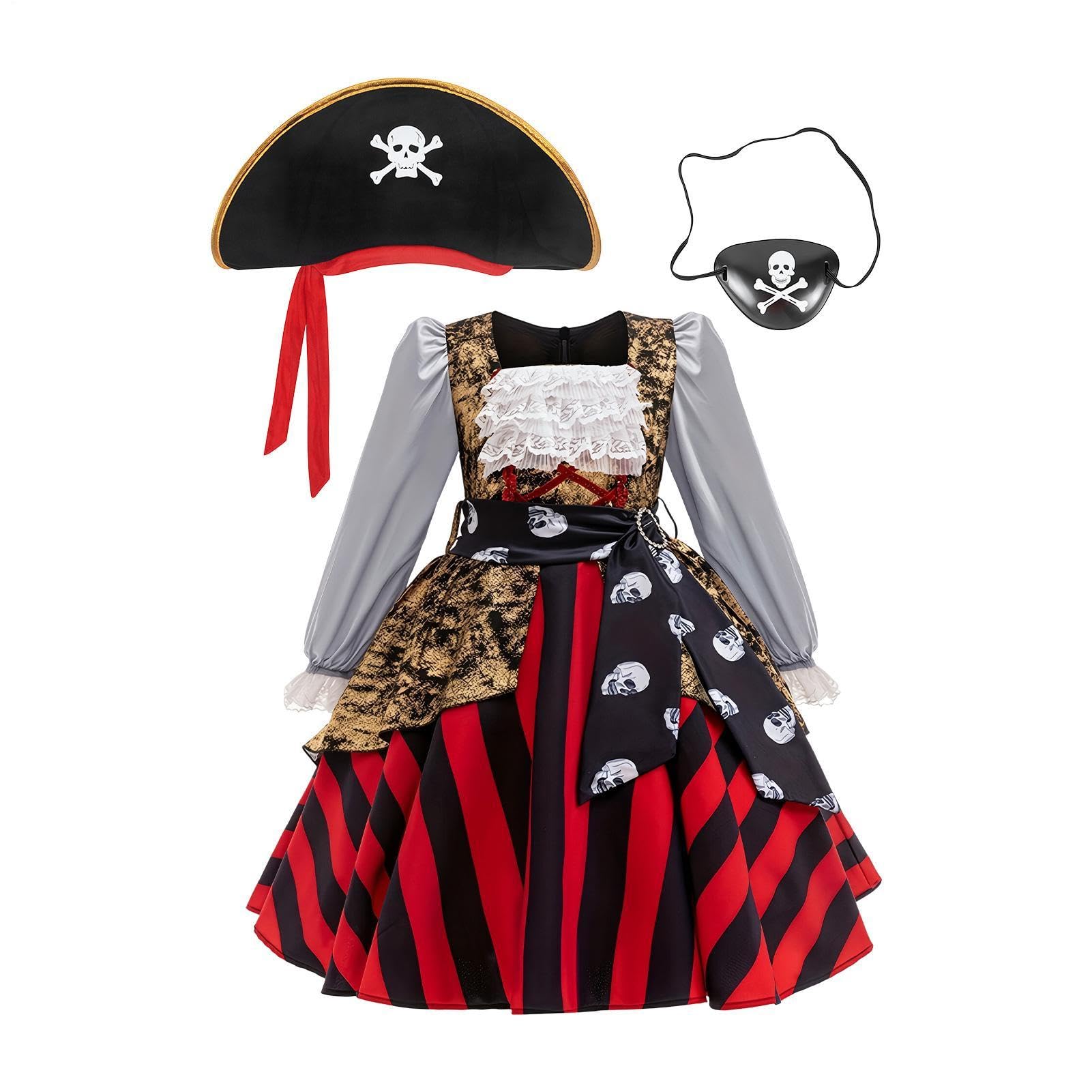 Costume da pirata da bambina, regolabile, per cosplay, con cappello e | Costume da pirata di Halloween per spettacoli teatrali, vacanze, festival, fotografie, gotici, occasioni speciali