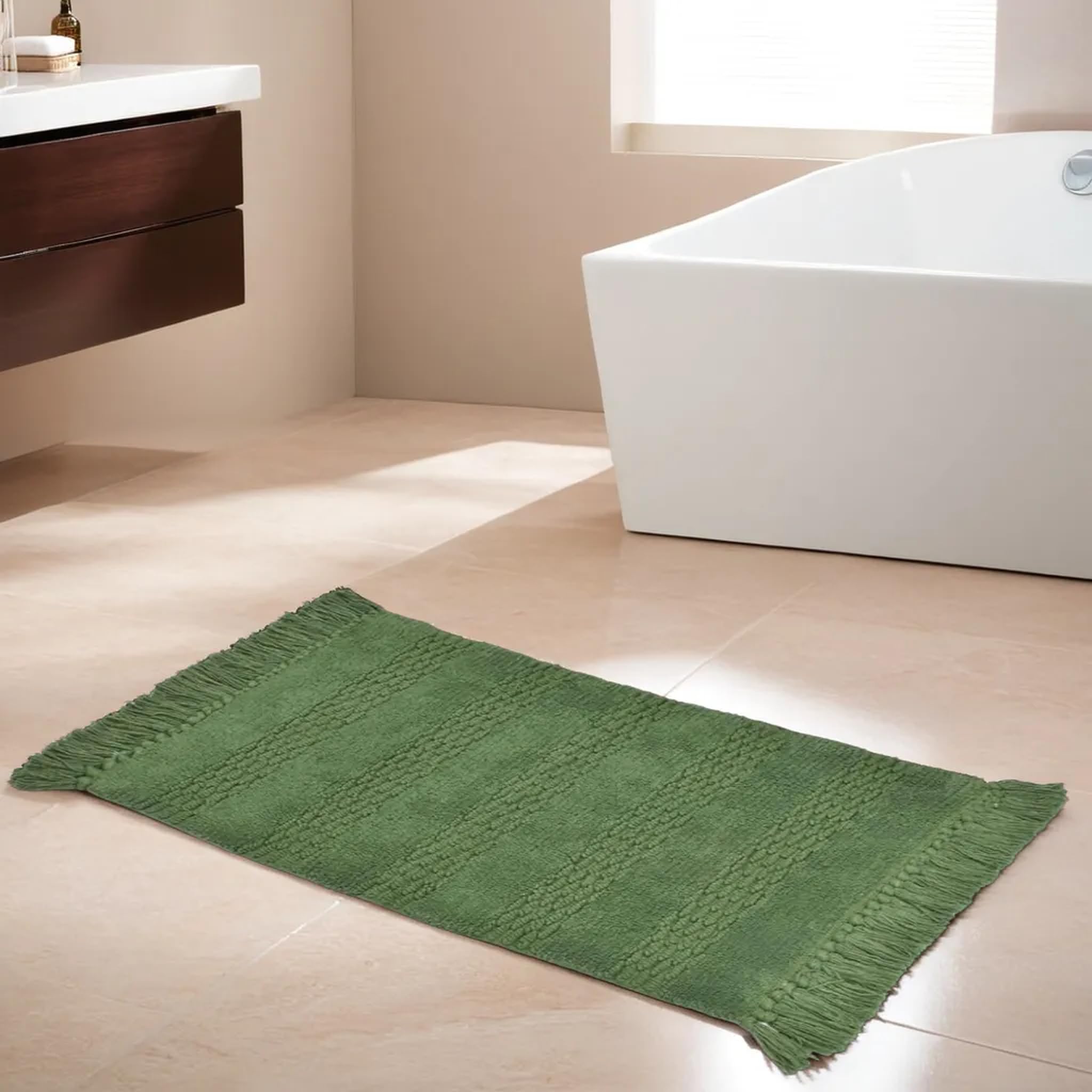 Democracy Homes Bath Mats for Bathroom,Rectangular Rib Twill Design, Anti-Slip,Super Absorbent Mats, Premium Cotton Mats,Machine Washable, 40 X 60 cm, Green.