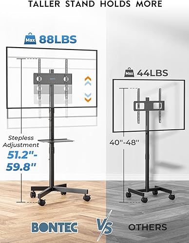 Miniatura 2 de BONTEC - Soporte de TV móvil para televisores de 23 a 60 pulgadas, soporte de TV rodante con ruedas de bloqueo, altura ajustable, estante Negro