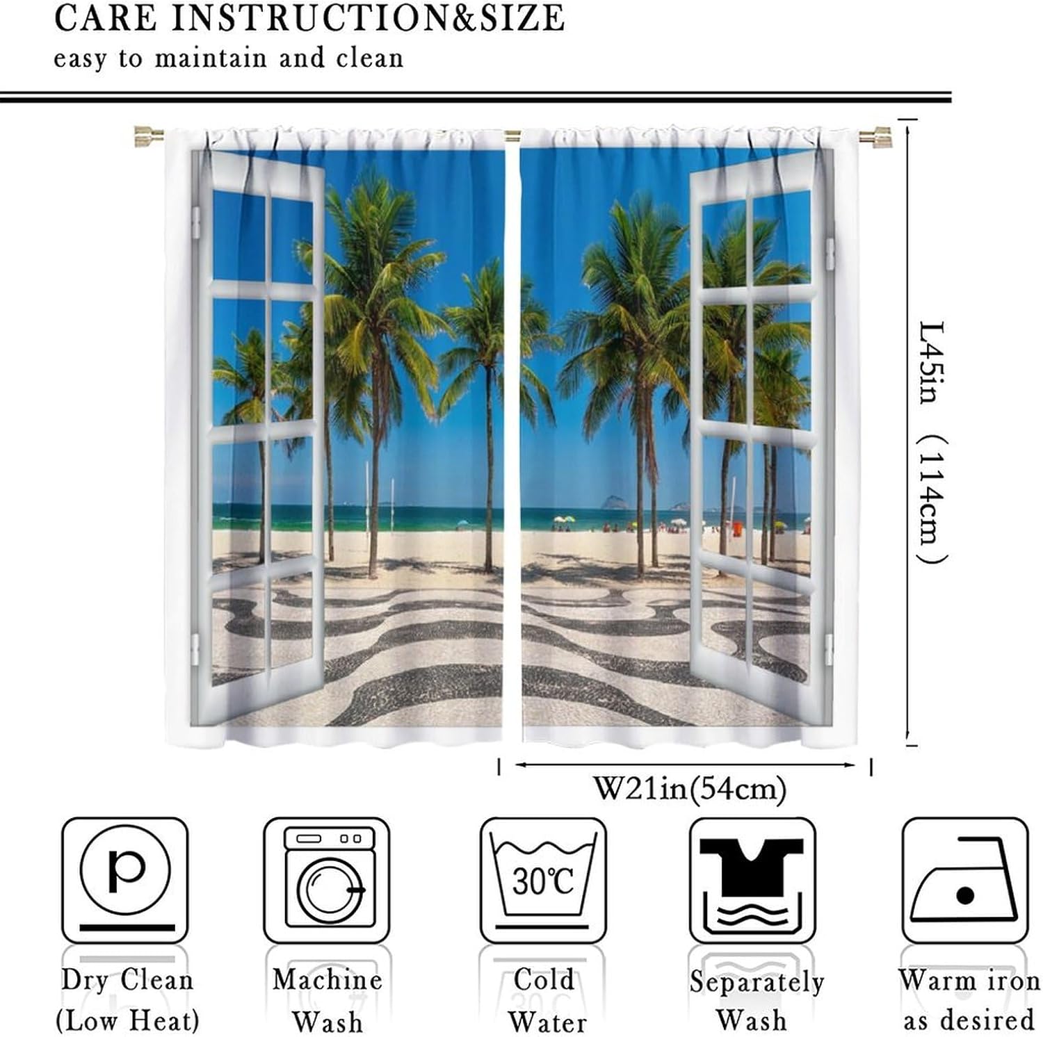 Tropical Island Ocean Curtains Beach Theme Palm Trees and Clear Sea Print Curtain with Rod Pocket for Bedroom Living Room Home Decor Drapes Window Treatments 2 Panels Set 42x45 Inch