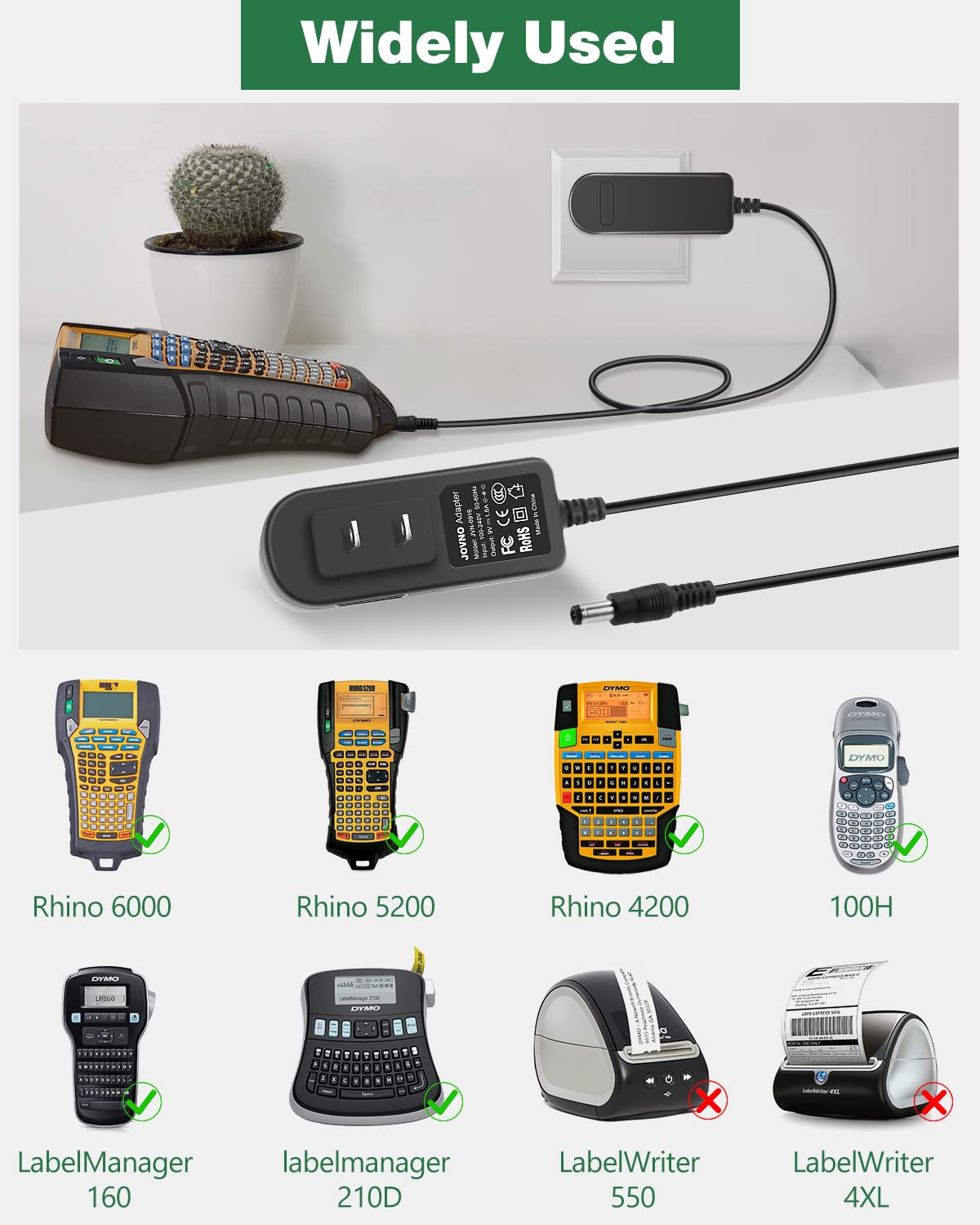 9V AC DC Adapter Charger for DYMO LabelManager 160 LM-160 LM-500TS 100 150 155 210D 220P 350 LM210D LM-200 LM-150 Rhino 6000 5200 4200 1738976 Handheld Label Maker Printer, 9V 1.6A Power Supply Cord