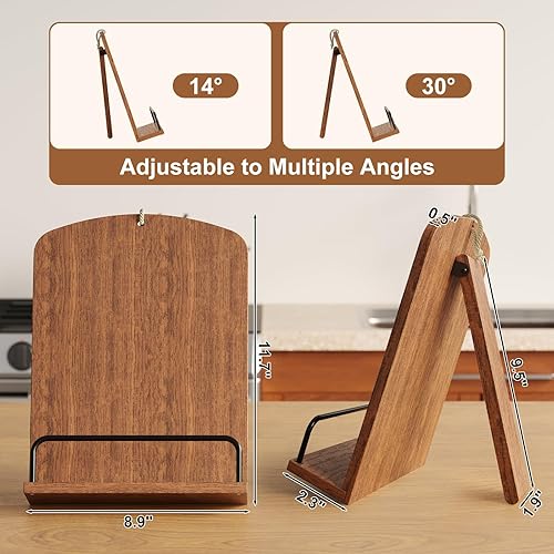 Miniatura 3 de Soporte de madera para encimera de cocina, soporte para libros de cocina marrón rústico que se adapta a exhibición colgante o de encimera, soporte