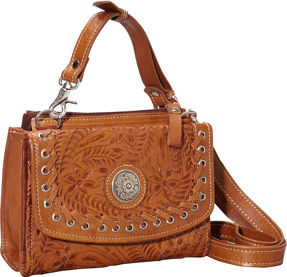 American West Hand Tooled Handcrafted Genuine Leather Small Crossbody Bag/Wallet for Women/Girls/Teens Card Slots Cash Pocket Clear ID Holder Harvest Moon Collection Western (Natural Tan)