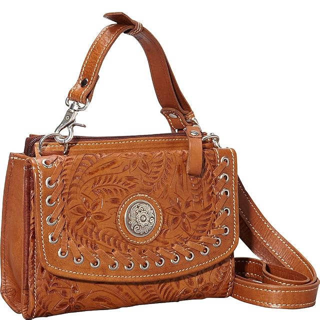 American West Hand Tooled Handcrafted Genuine Leather Small Crossbody Bag Wallet for Women Girls Teens Card Slots Cash