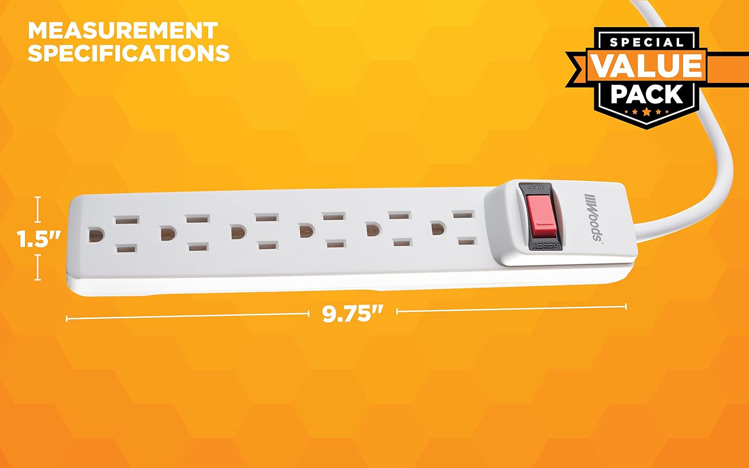 Woods 41346 Surge Protector With Overload Safety Feature 6 Outlets And 2.5 Ft Cord For 280J Of Protection, White, 2 Pack, One Size, 2-Pack