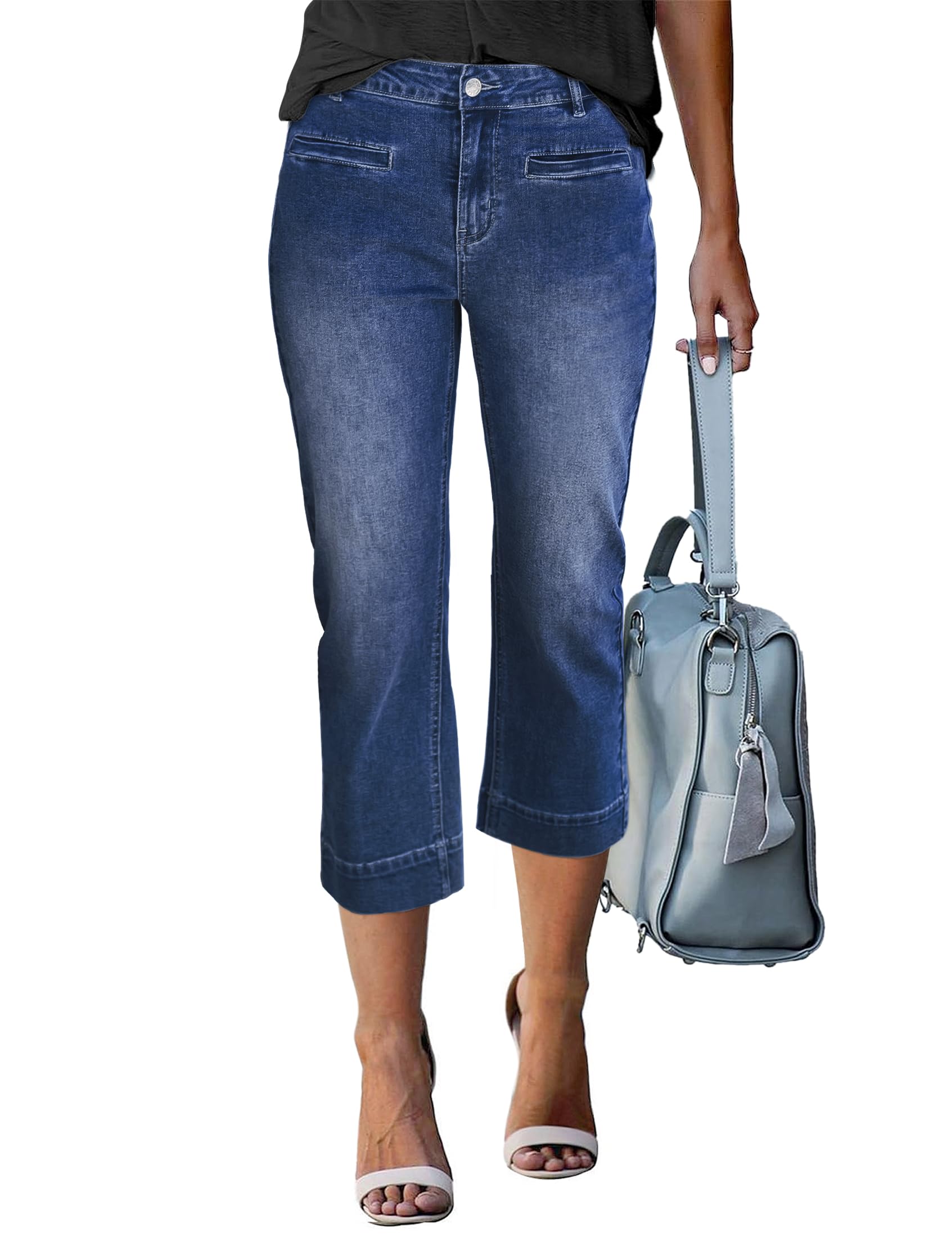 luvamia Capri Jeans for Women High Waisted Slim Straight Stretchy Denim Capris Pants Welt Pockets Casual Cropped Jeans