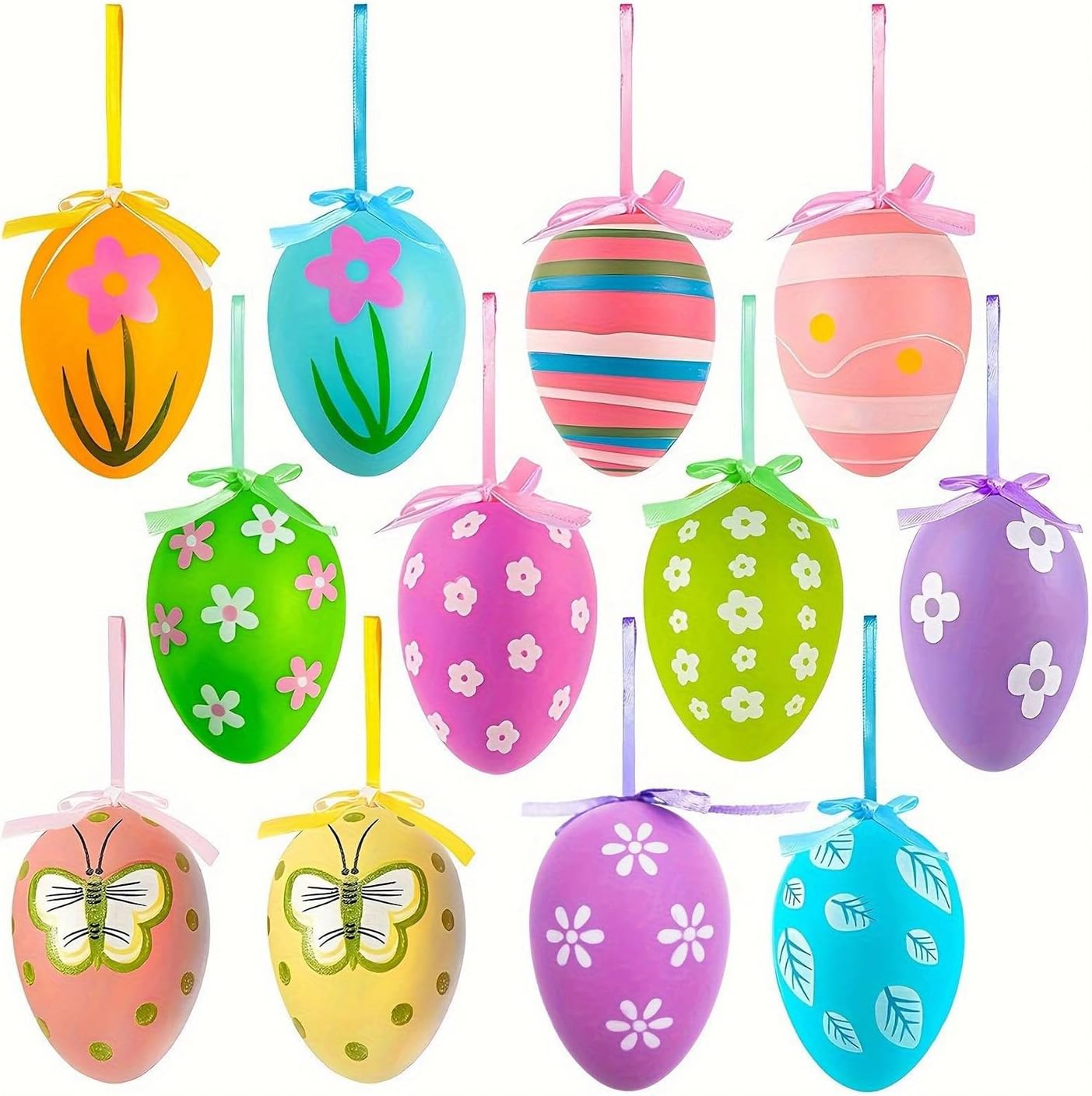 12 Pack Easter Hanging Eggs Ornaments, Colorful Plastic Painted Eggs with Ribbon Loop, DIY Craft Tree Decorations, Spring Party Home Decor for Easter Holiday Ornaments