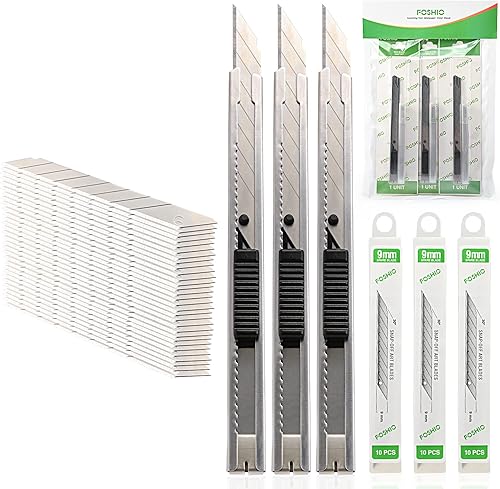 FOSHIO Cuchillo de utilidad retráctil con hoja de 30 grados a presión de 0354in cuchillo cortador de caja de vinilo de oficina y cuchillos de corte