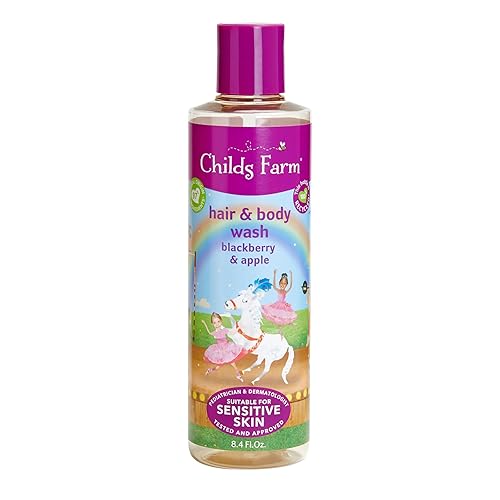 Childs Farm, Gel de baño y cabello para niños para piel seca y sensible, mora y manzana orgánica, limpia suavemente, vegano, libre de crueldad, 8.4