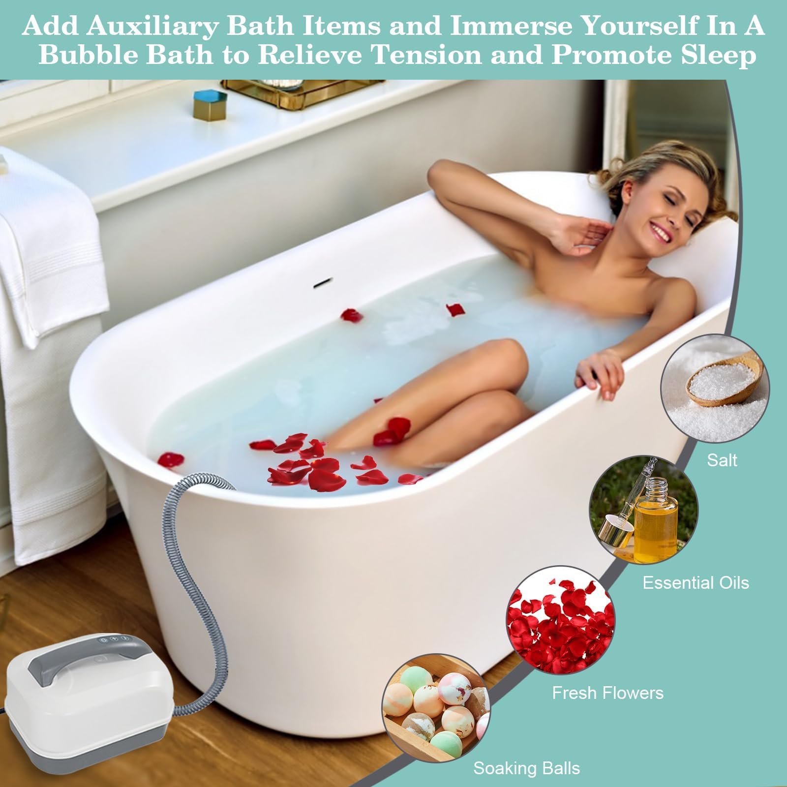 Tapis de bain électrique à bulles portable avec bulles réglables, design antidérapant et ventouses