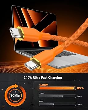 240W USB Cケーブル オレンジ 編組 C to C ケーブル 急速充電 6.6フィート 2本パック Type Cコード iPhone 17 16 15 Pro Max MacBook Pro iPad Pro Samsung Galaxy S25 S24 S23 S22 Ultra用