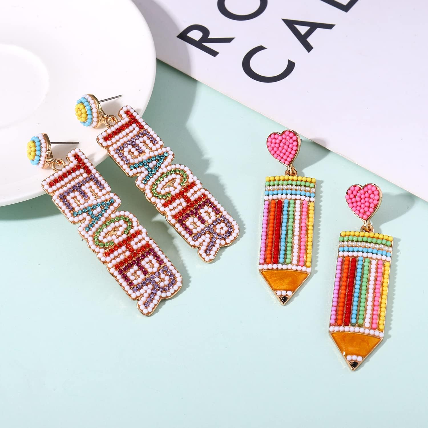 2/3Pairs Teacher Earrings for Women Beaded Pencil Dangle Earrings Statement Apple Book Drop Earrings Teacher Appreciation Gifts Back To School Jewelry Set - Image 2