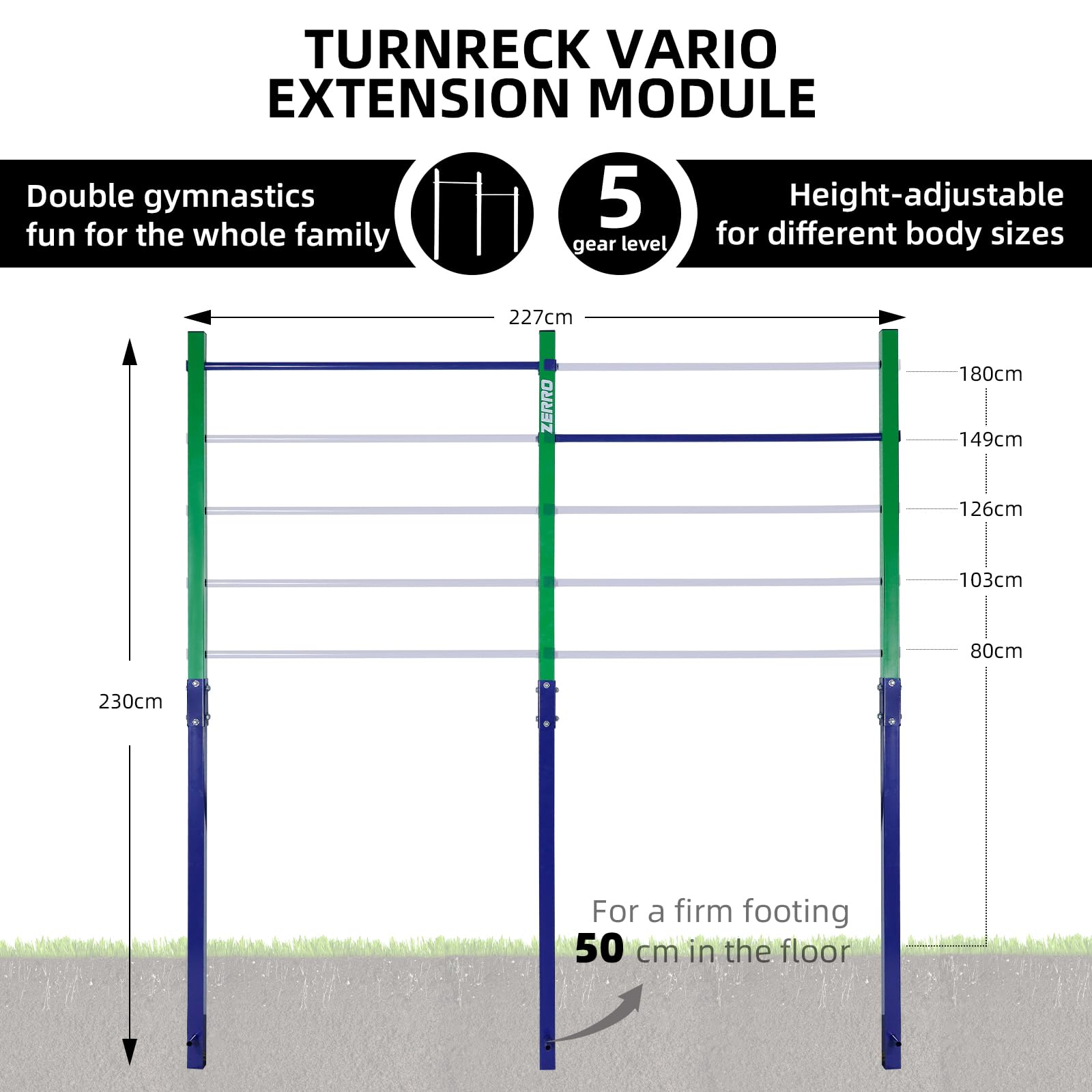 ZERRO Reckstange Outdoor Turnreck bis 150kg belastbar, Höhenverstellbar Doppelte Turnstange grün-blau