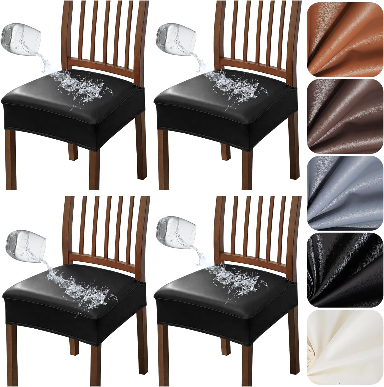 Waterproof Seat Covers for Dining Room Chairs Set of 4, Pu Leather Chair Seat Slipcovers Dining Chair Cover Removable Washable Chair Protctor Cover (4, White, PU)