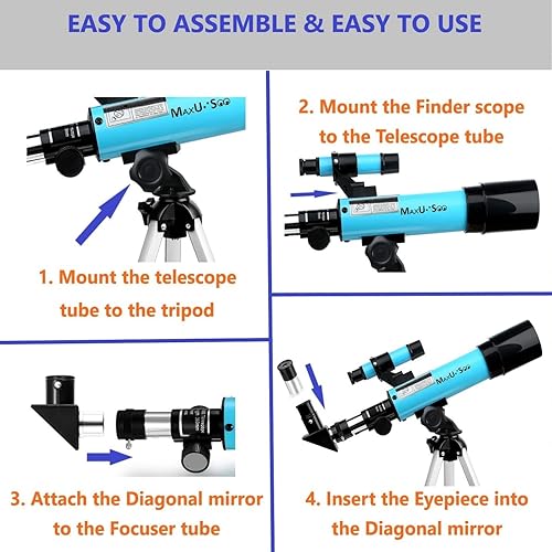Miniatura 4 de MaxUSee Telescopio lunar para niños y principiantes en astronomía, telescopio refractor con mira buscador y 3 oculares, telescopio de viaje con