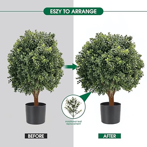 Juego de 2 arbustos artificiales en maceta resistentes a los rayos UV, árbol de bola artificial de boj de 24 pulgadas, para interior y exterior,