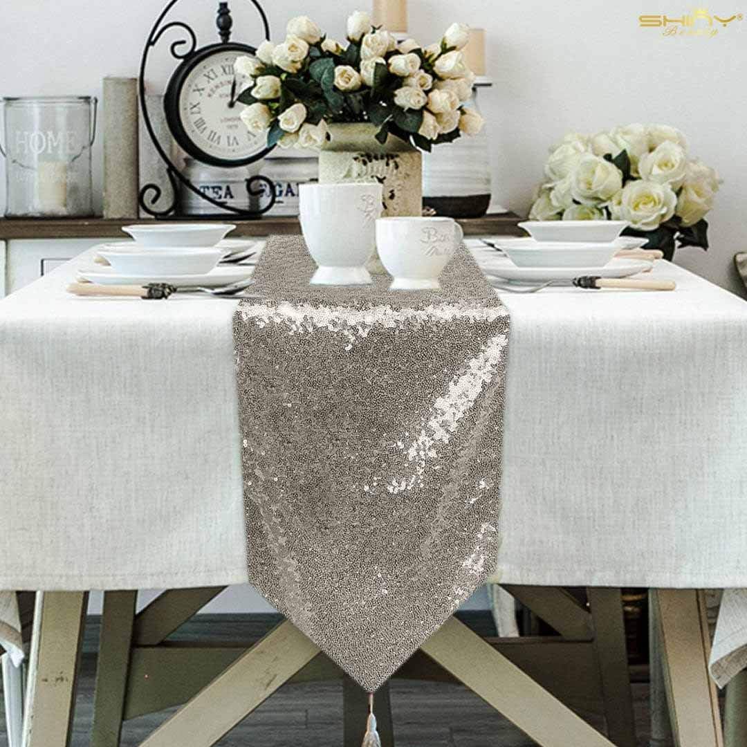 12 by 48Inch Grey Sequin Tassel Table Runner, Sparkly