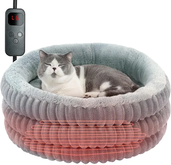Heated Cat Bed Indoor, 20" Round Donut Deep Sleep Calming Heated Pet Beds for Cats and Small Dogs, Comfort Electric Thermal Cat Warming Bed with Adjustable Heating Pad, Washable and Indoor Use