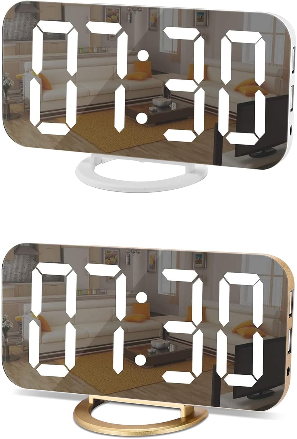 Digital Alarm Clock Set 2, LED and Mirror Digital Large Display with Dual USB Charger Ports | Auto Dimmer Mode | Easy Snooze Function, Modern Desk Wall Clock for Bedroom Home Office (White + Gold)