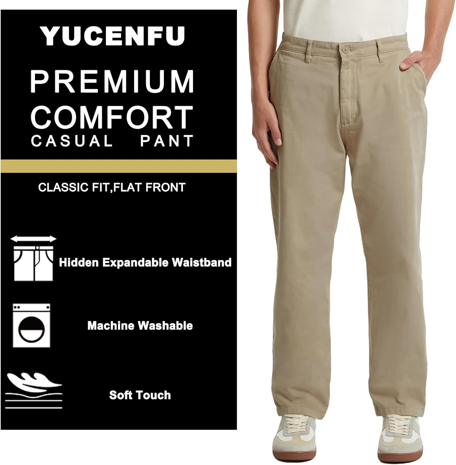 Mens Classic Fit Khaki Casual Chino Pants Whit Hidden Comfort Waistband - Image 5