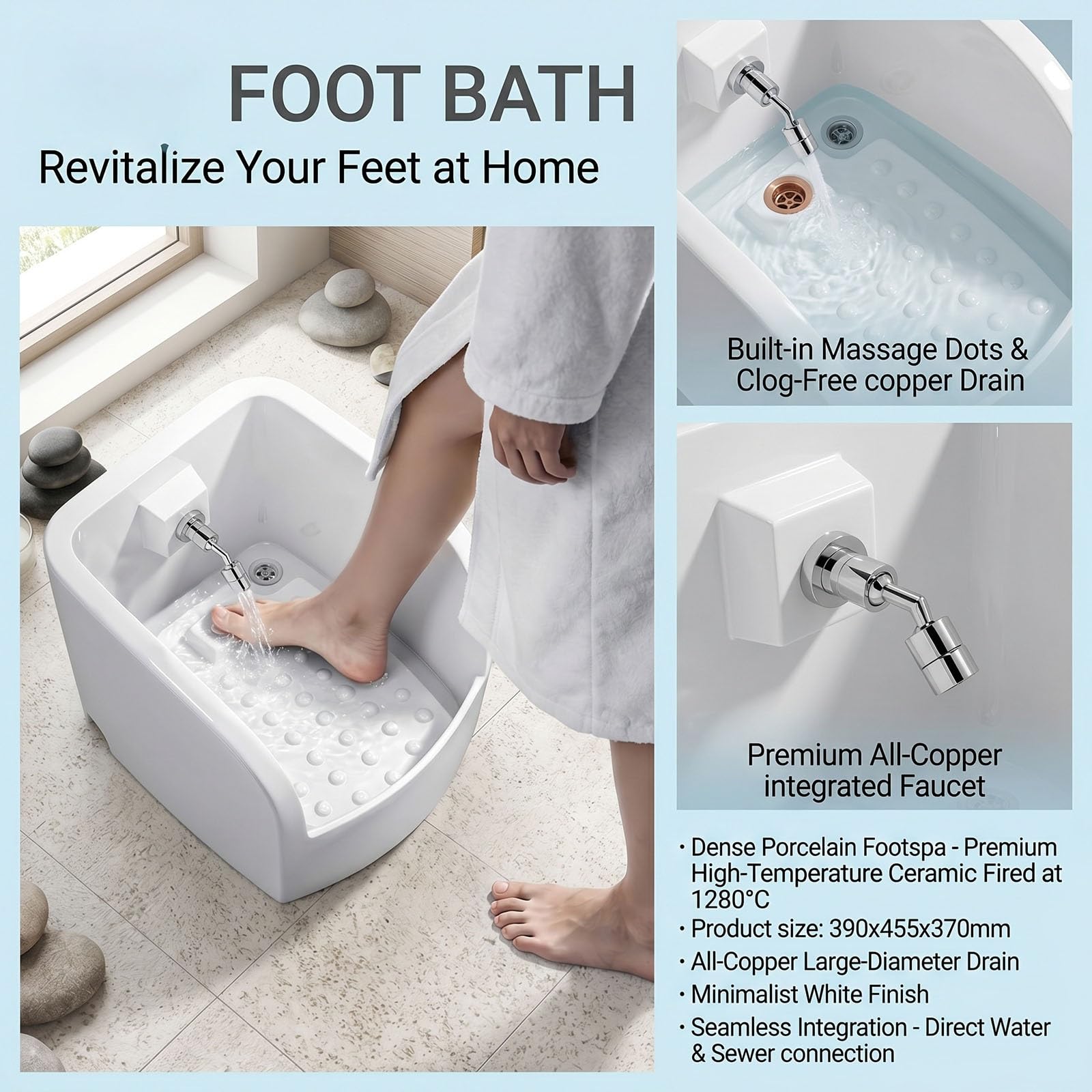 Keramik-Fußbadewanne Zum Einweichen Der Füße, Robuste Pediküre-Waschbeckenstation Aus Porzellan Mit Massagepunkten Und Drainagesystem, Ideal Für Badezimmer, Balkon Oder Badewanne Im Freien