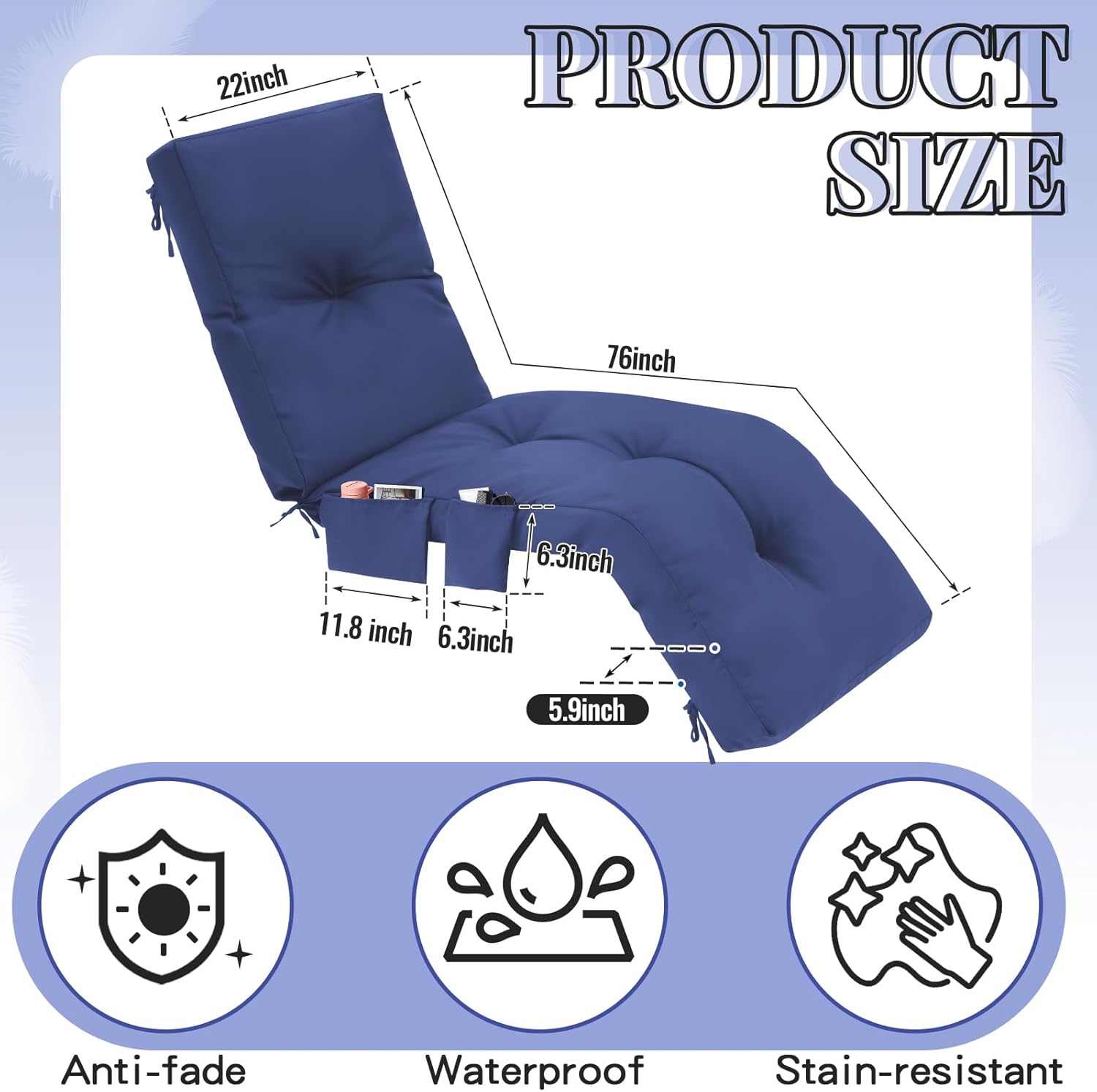 kigley 1 pcs outdoor chaise lounge cushions with 3 side pocket 76 x 22 x 6 inch patio chaise lounge cushion water-repellent and fade-resistant tufted summer replacement (navy gray,solid color) navy blue 1