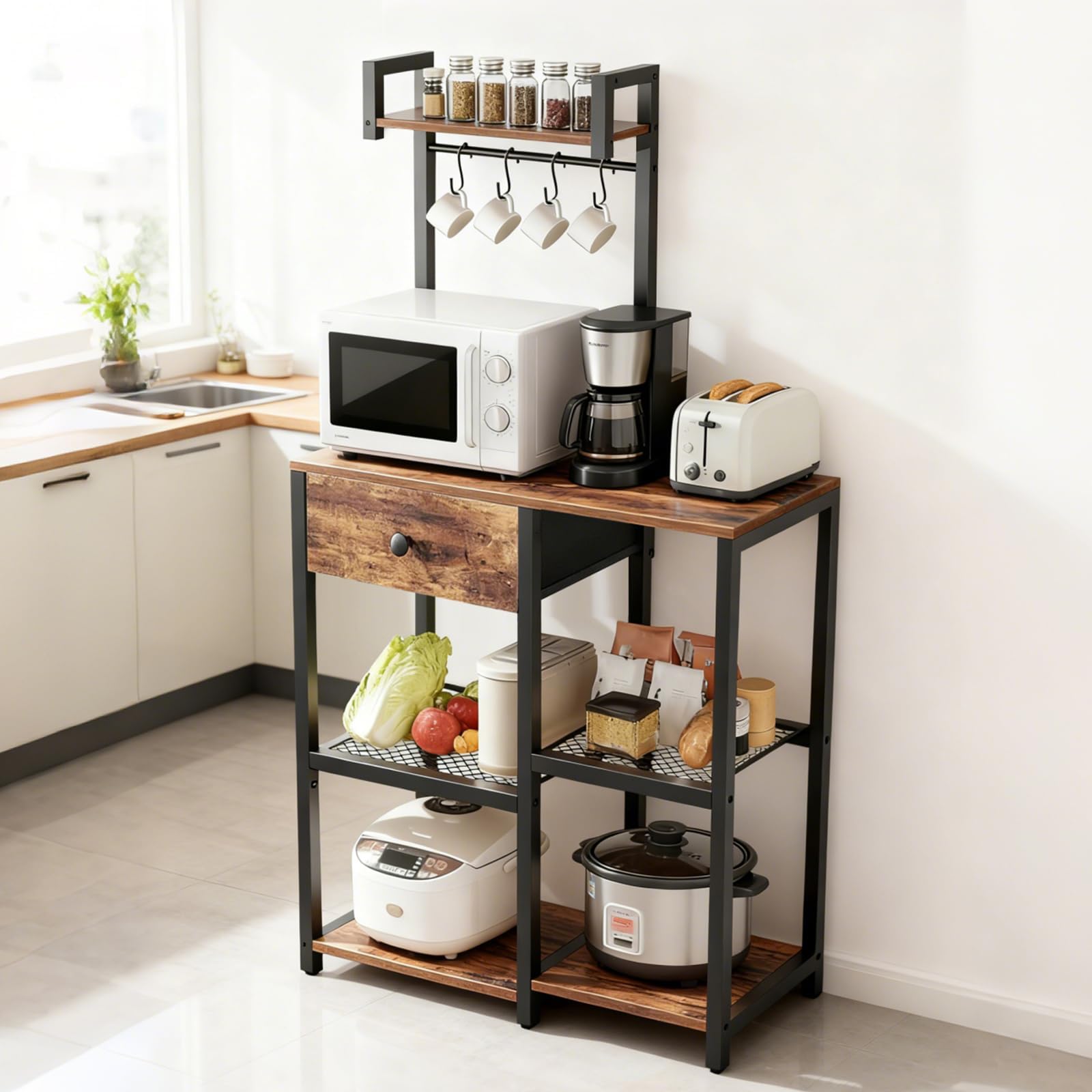 Bakers Rack with Storage,Microwave Stand with Drawer,6 Tier Coffee Bar Organizer Station,Adjustable Microwave Stand with Hooks,Free Standing Kitchen Appliance Storage Shelf,Baker Rack for Spices,Pots